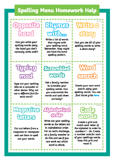 Spelling Menu Homework Ideas