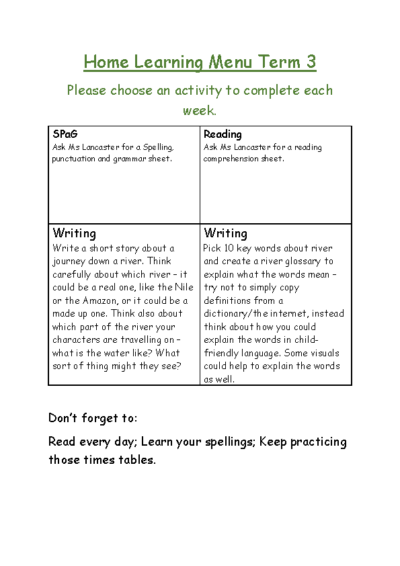 Eagles Term 3/4 Home Learning Menu